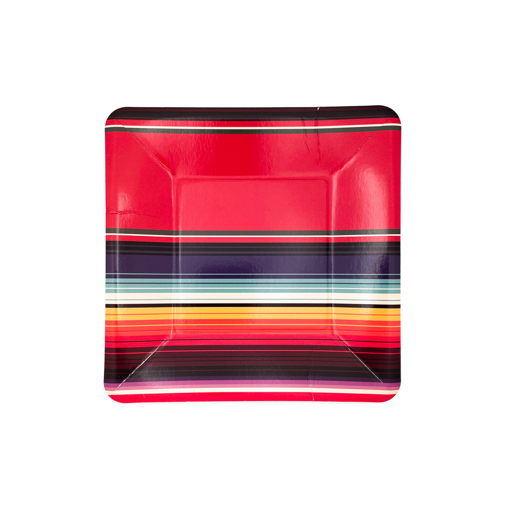 Square dessert plates with red serape print. Colors are blue, red, yellow, white stripes.