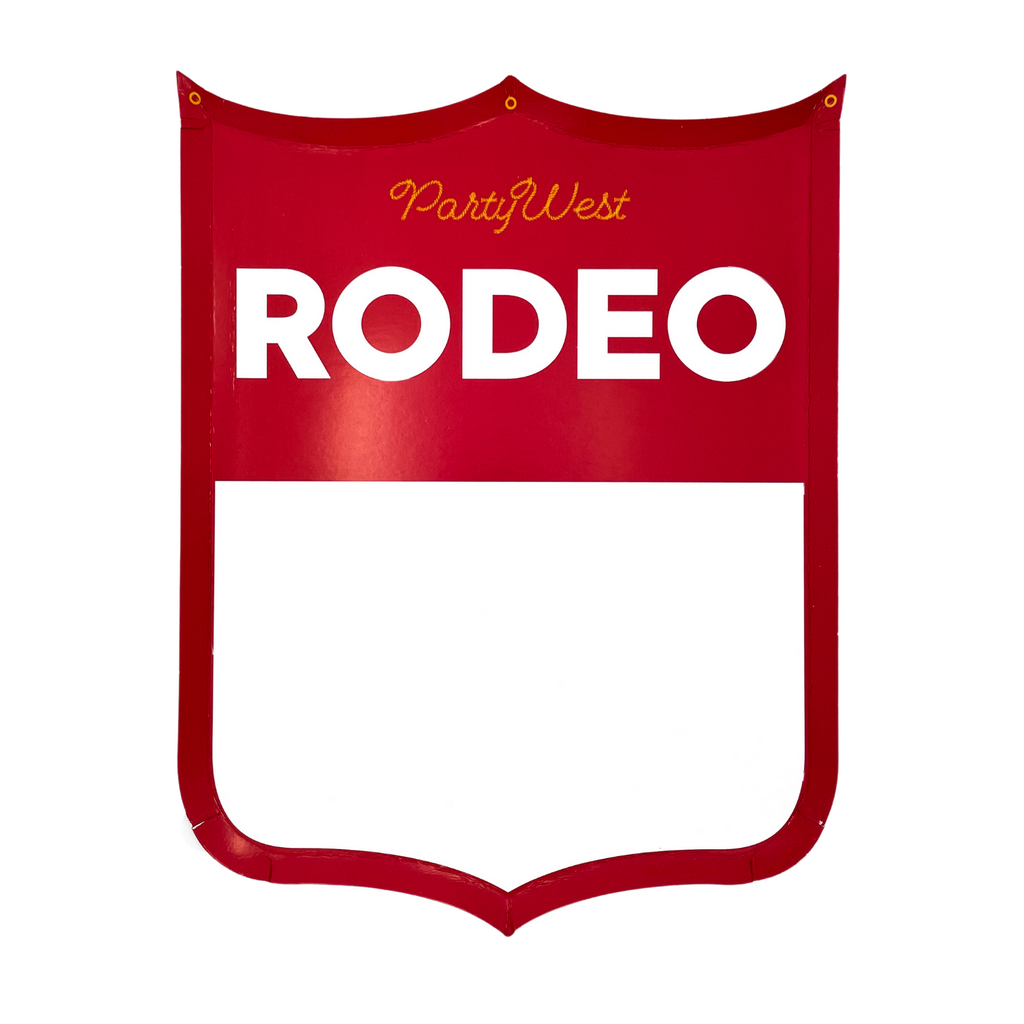 Rodeo back number shaped paper dinner plates with the text "Rodeo" printed on it.
