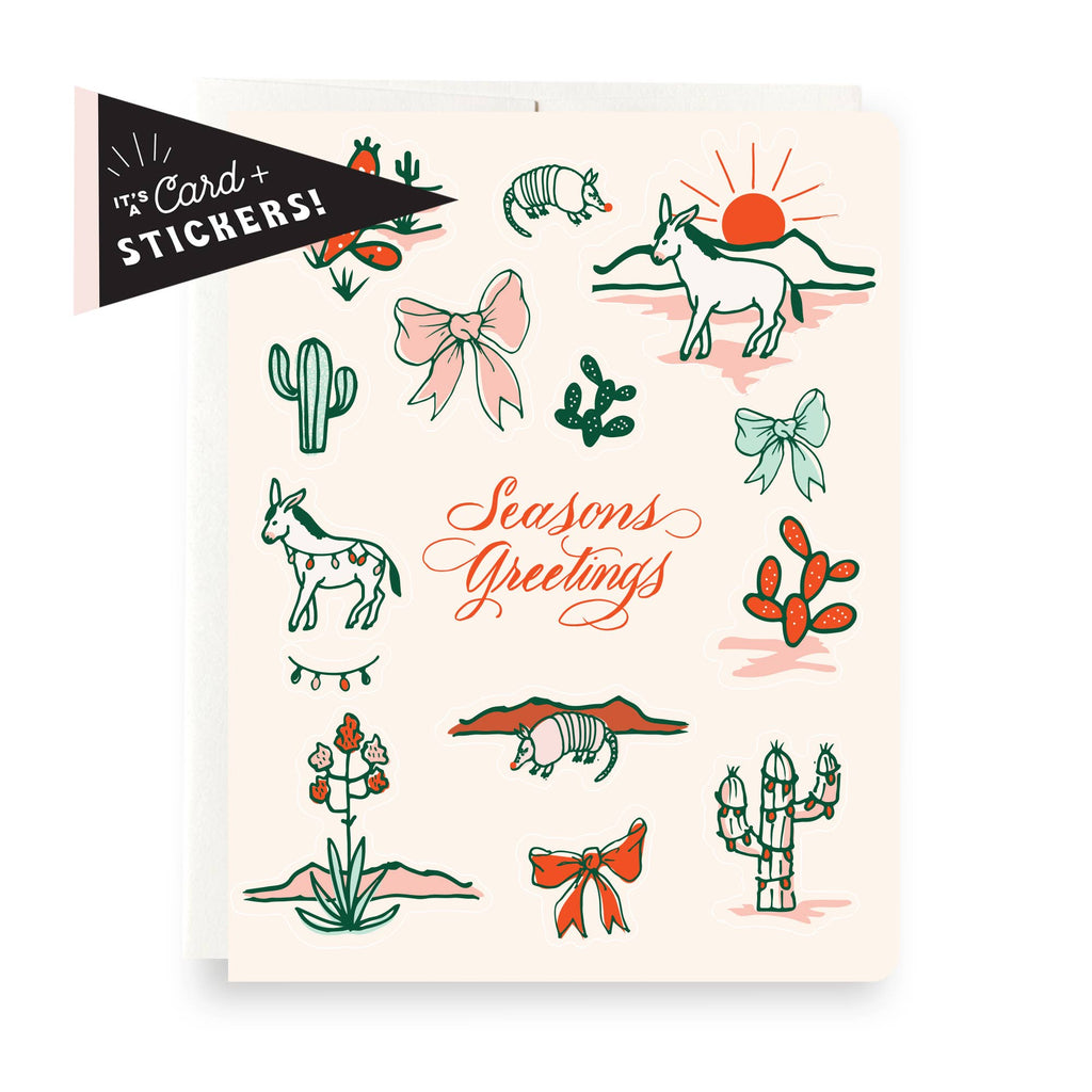 "Seasons Greetings" Card with different colored donkey, cactus, bow, armadillo stickers. 
