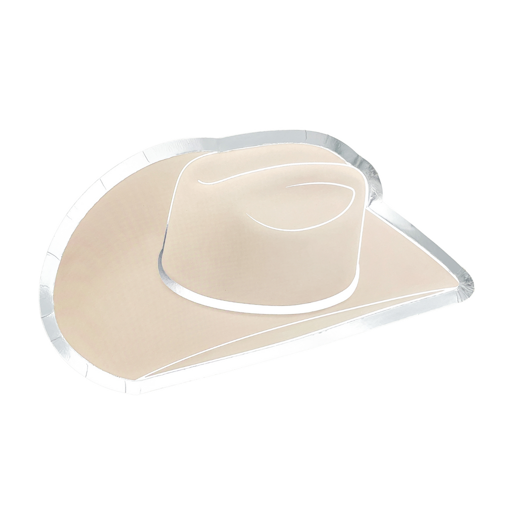 Beige color plate cut in the shape of a cowgirl hat. Cowgirl hat graphic on the plate with thick silver border.