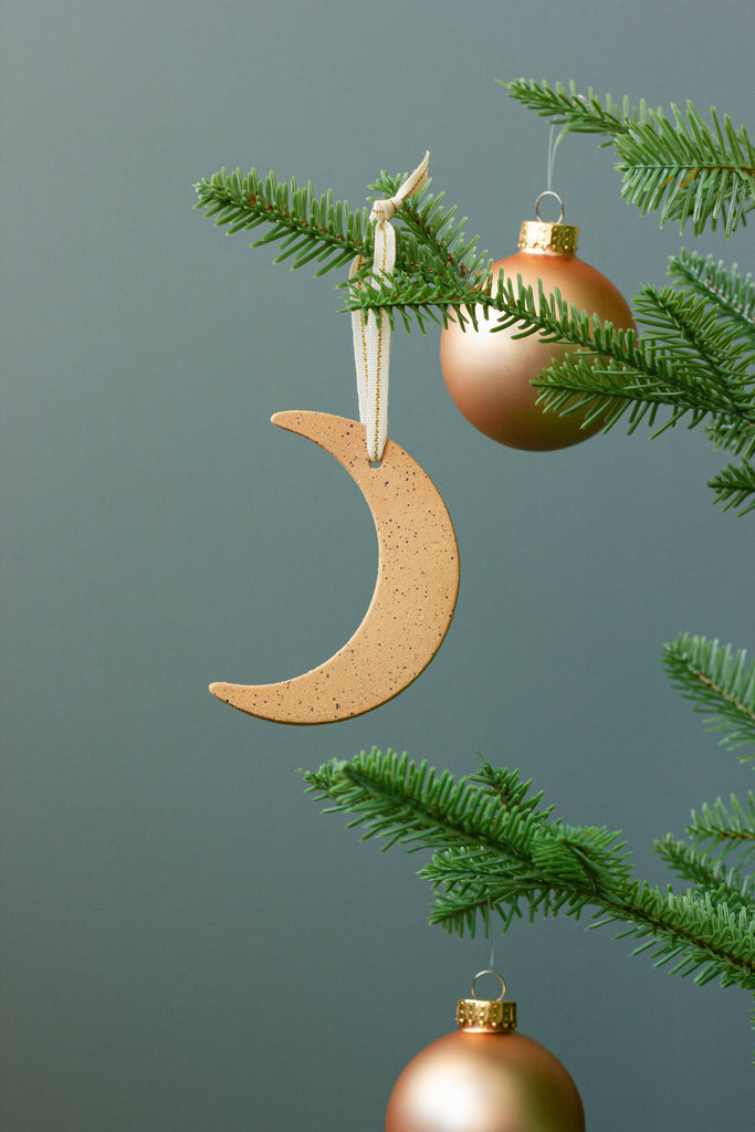 Tan Speckled Crescent Moon Ceramic Ornament