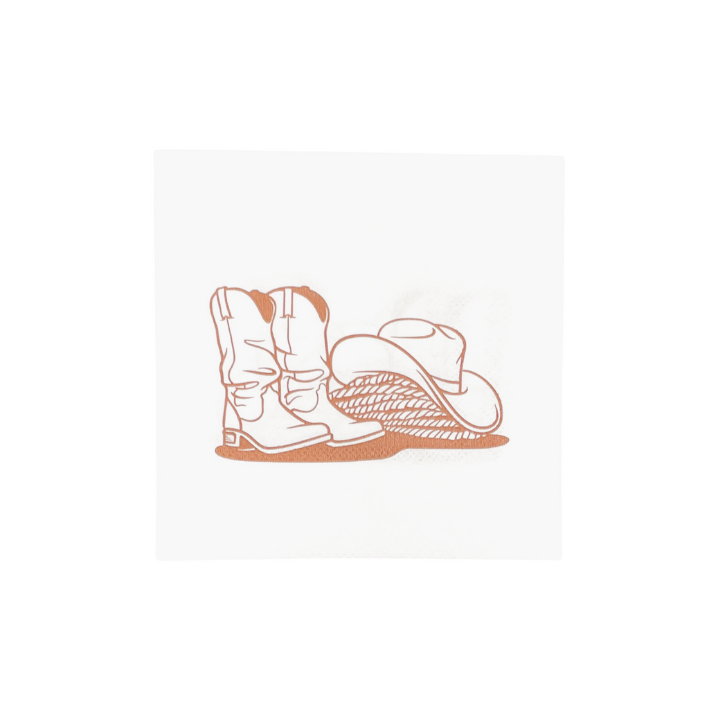 White square cocktail napkin with tan colored boot, cowboy hat and rope print.