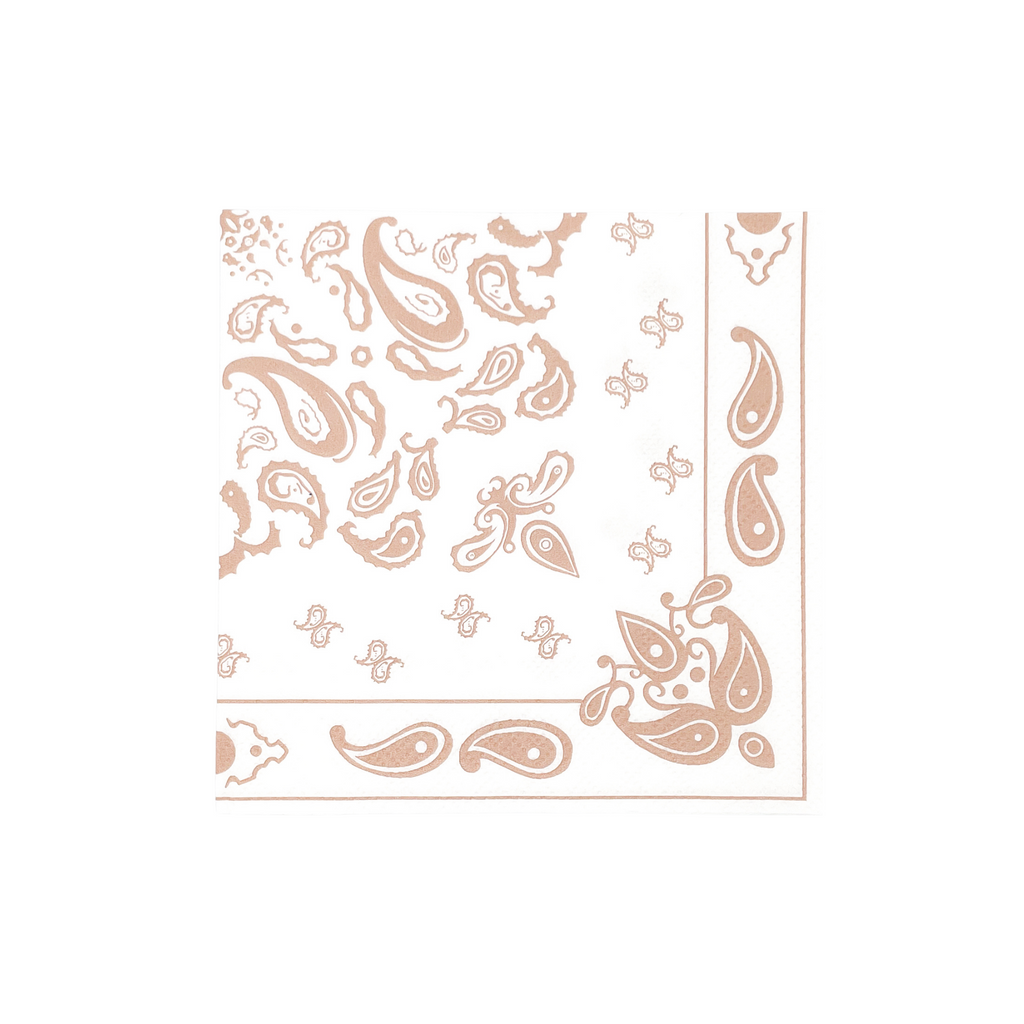 White square cocktail napkin with a champagne colored paisley bandana print.